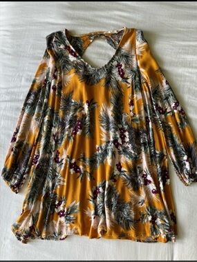 Women's Mustard Floral Cutout-Back Tunic Top